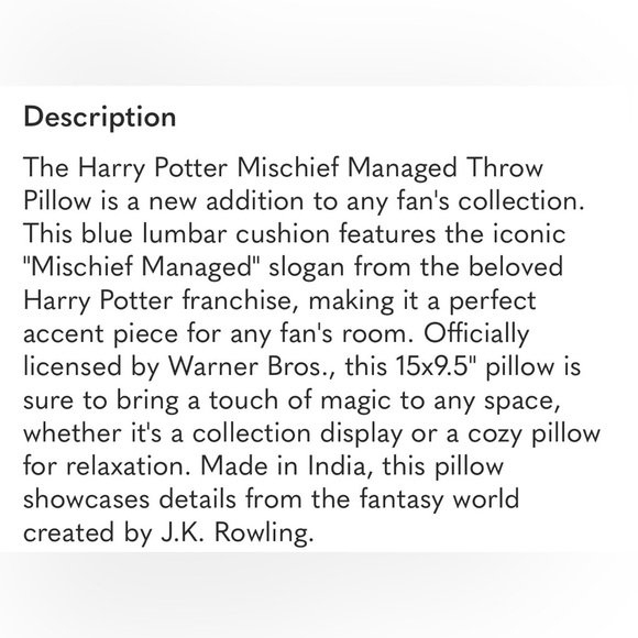 HARRY POTTER NWT mischief managed decorative lumbar throw pillow -15x9.5 - Picture 4 of 4